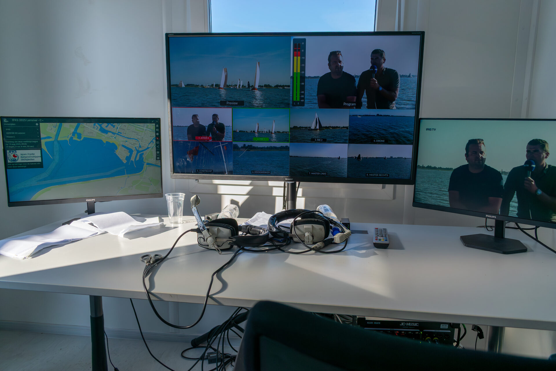De schermen in de regiecontainer met alle camerabeelden